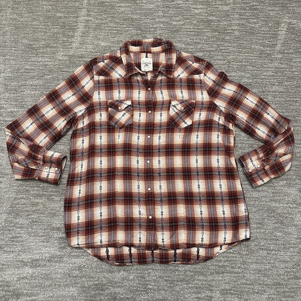 Cotton Rye Outfitters Shirt Womens XL Brown Plaid Western Aztec Pearl Snap